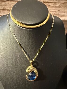 Gold Plated On Stainless Steel Chain Necklace with Blue Gemstone Panther Pendant